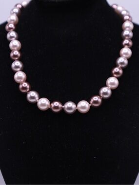 Vintage pastel glass pearl bead necklace with 925 silver push twist clasp 16”